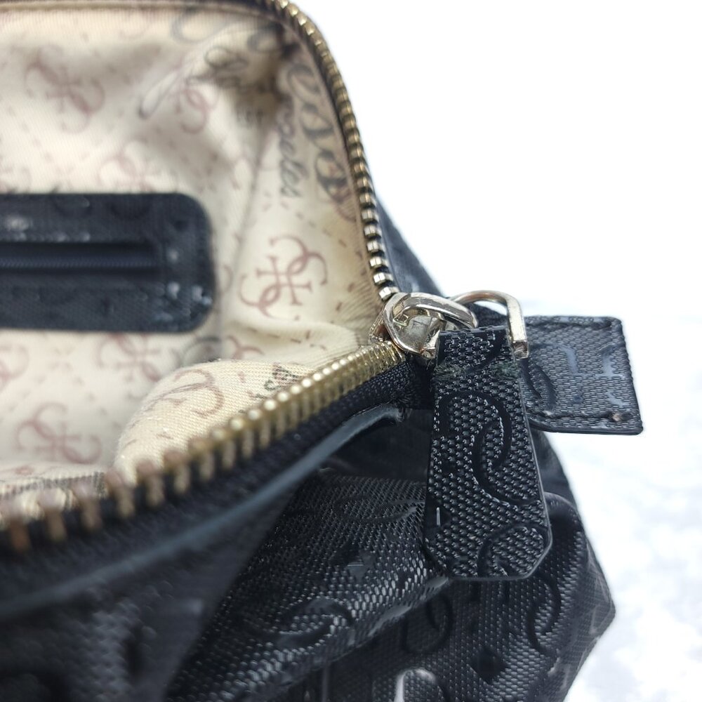 GUESS 1981 Black Logo Satchel Handbag PVC Monogram Boston Bag w/ Strap - Picture 10 of 15